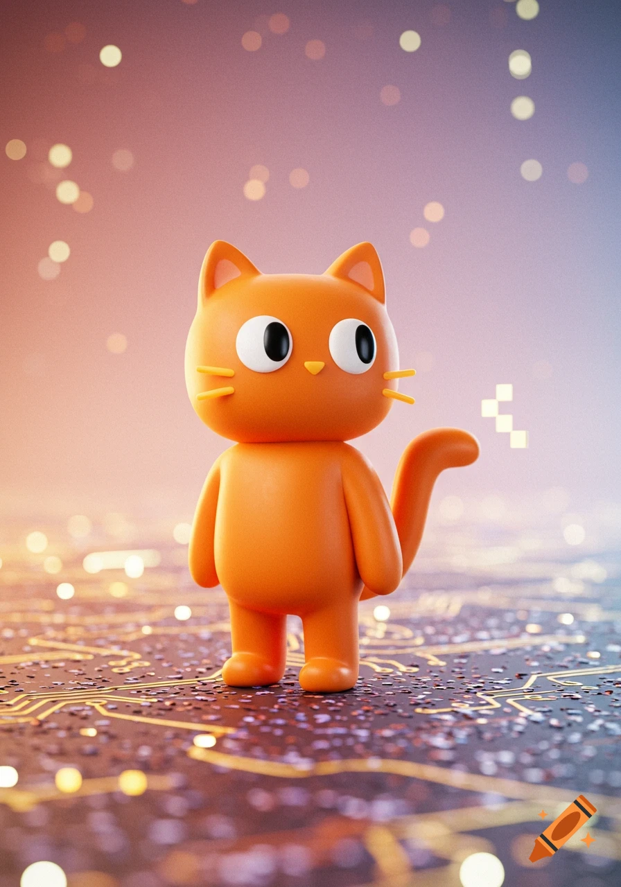 A 3D rendered orange cartoon cat with large eyes stands on a circuit board, surrounded by bokeh lights.