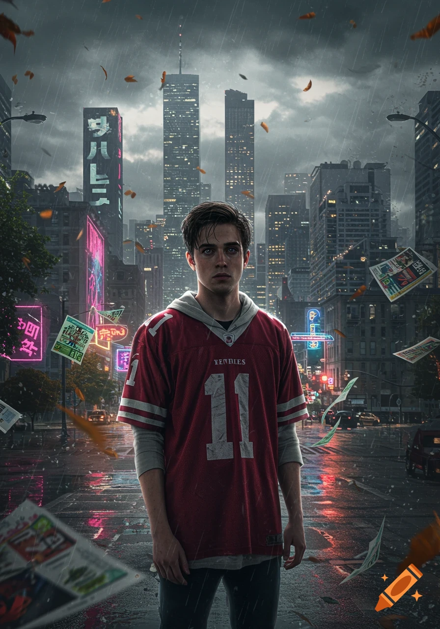 A young man in a red football jersey stands in a rainy, neon-lit city street at dusk, looking directly ahead with a somber expression. Papers fly around him.