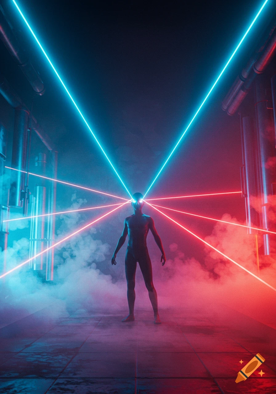 A stylized figure with glowing eyes emits blue and red laser beams amidst smoke and neon lights in a dark industrial setting.