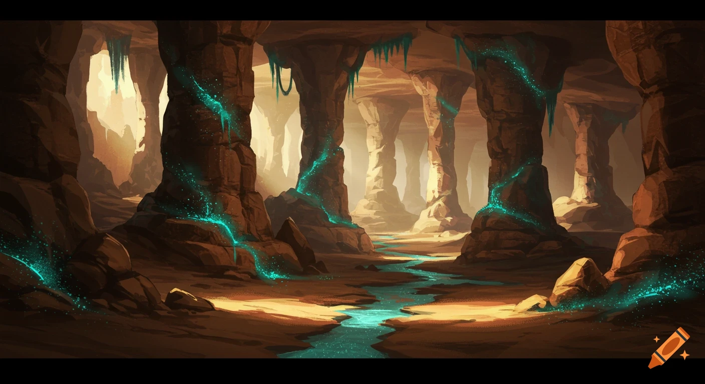 Stylized depiction of wide sandstone caverns with natural pillars, glowing blue bioluminescent moss, and a trickling blue underground stream.