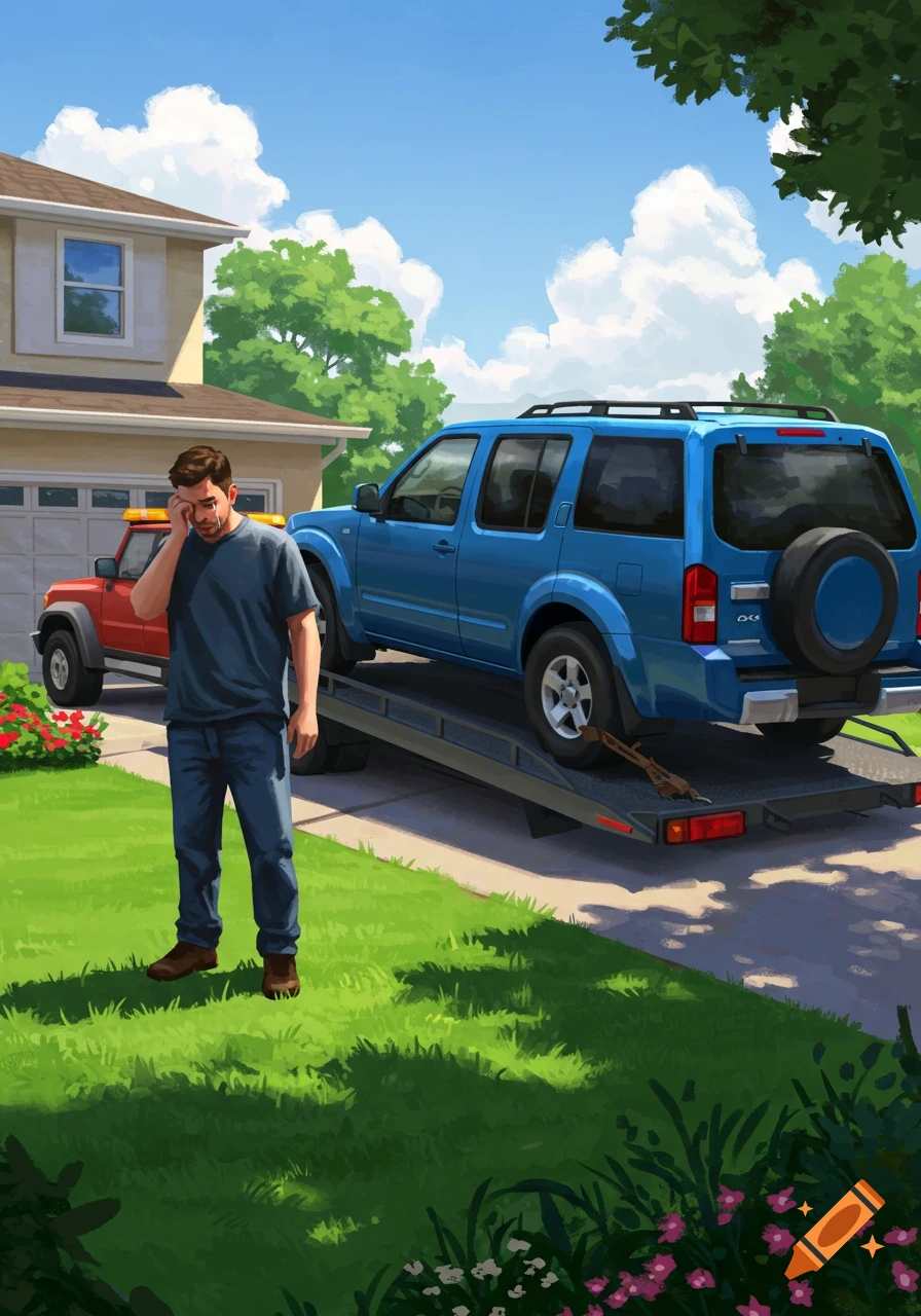 An illustrated scene of a sad man watching his blue SUV being loaded onto a tow truck in front of a suburban house.