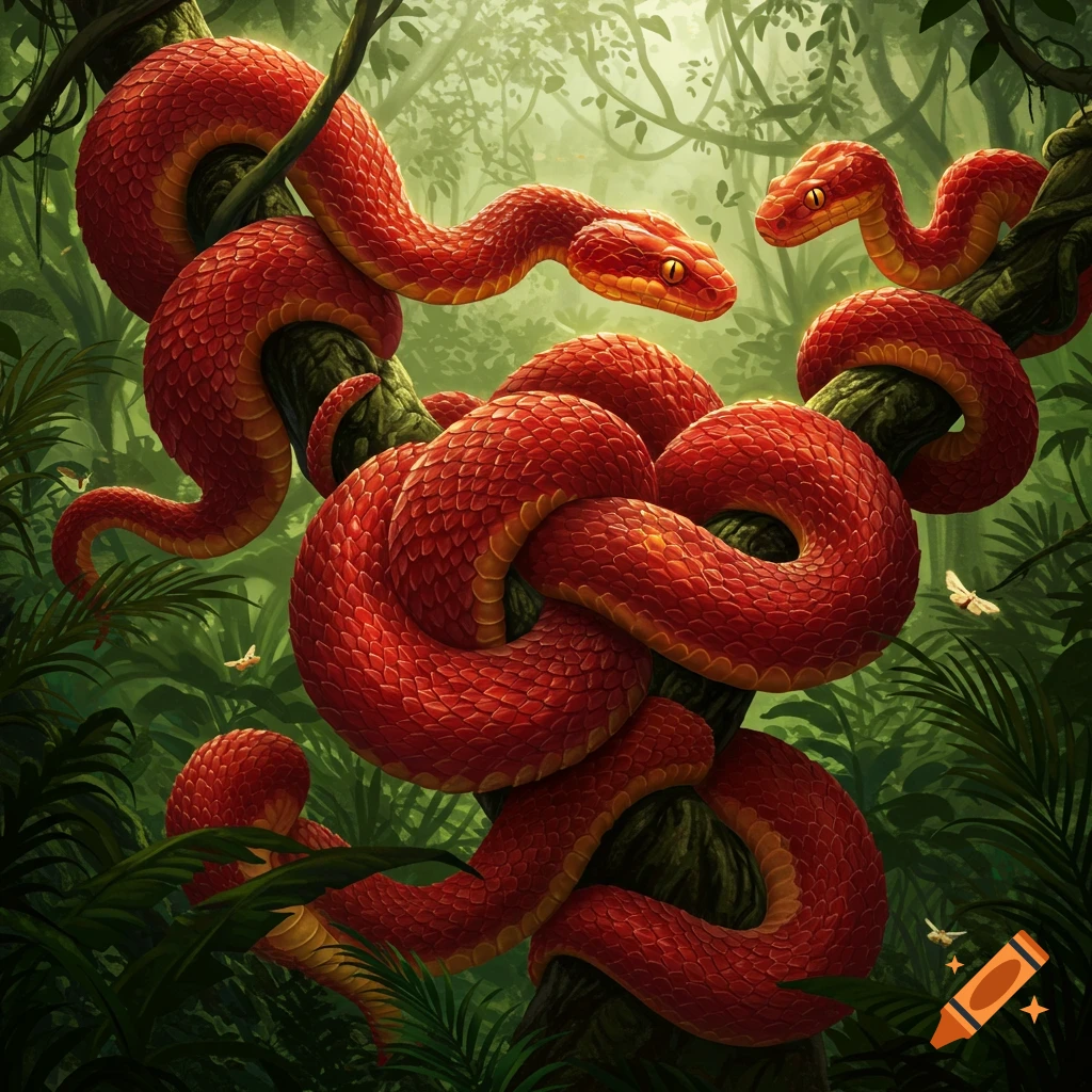 Two vibrant red snakes with yellow eyes coiled around dark tree branches in a lush, green jungle with small white butterflies.
