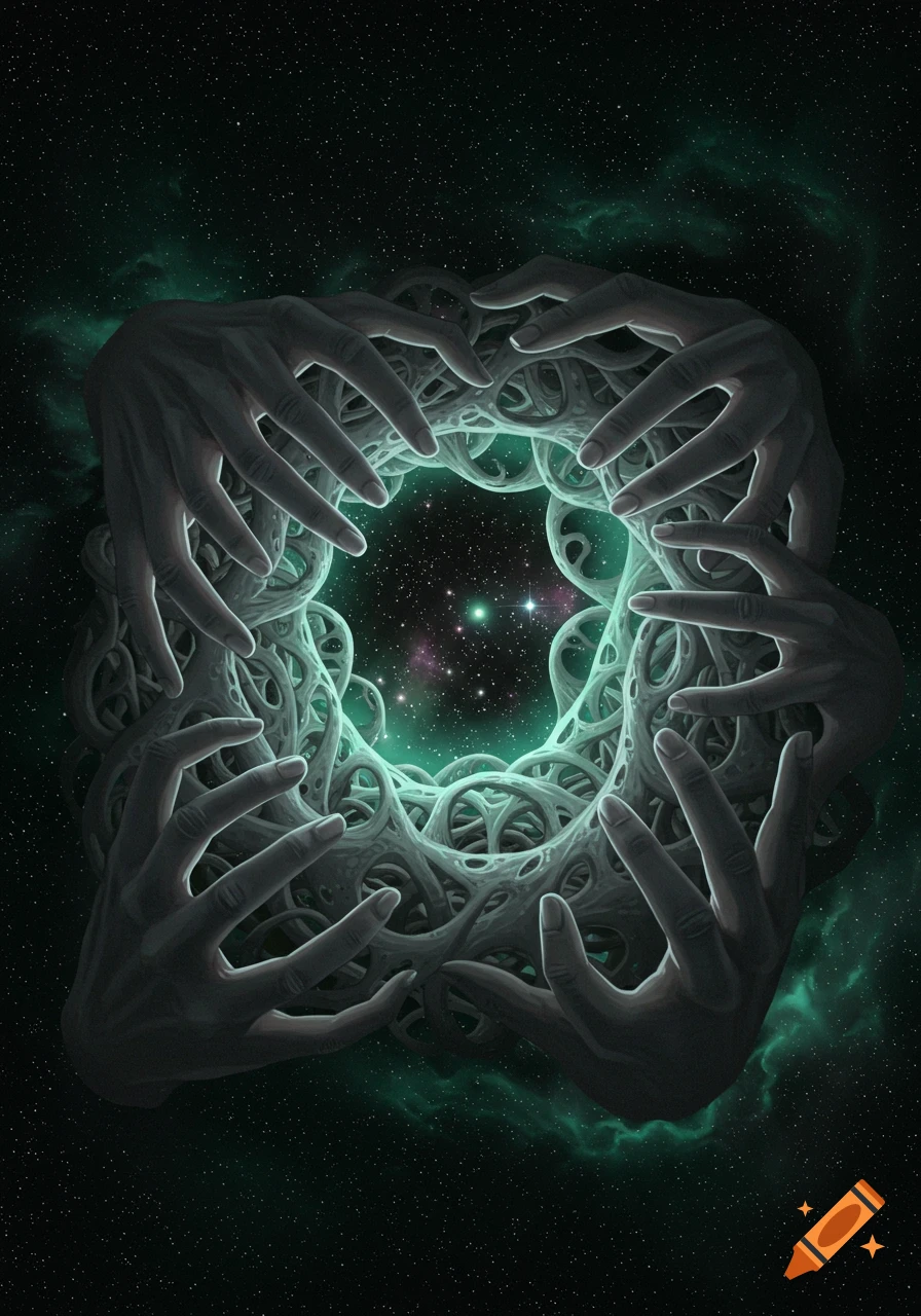 Multiple intertwined hands form a dark, organic void revealing a starry green nebula in deep space.