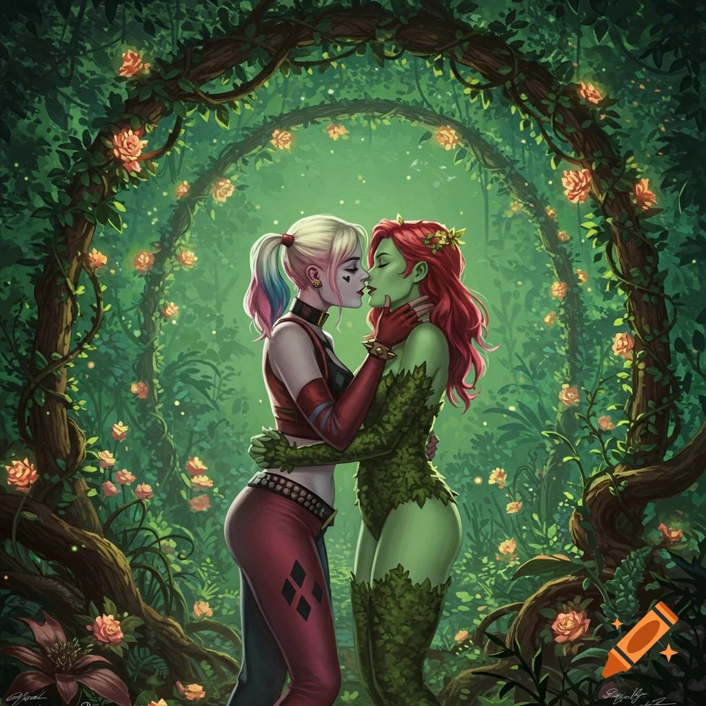 Harley Quinn and Poison Ivy share a kiss in an enchanted forest filled with glowing roses, rendered in a vibrant comic art style.