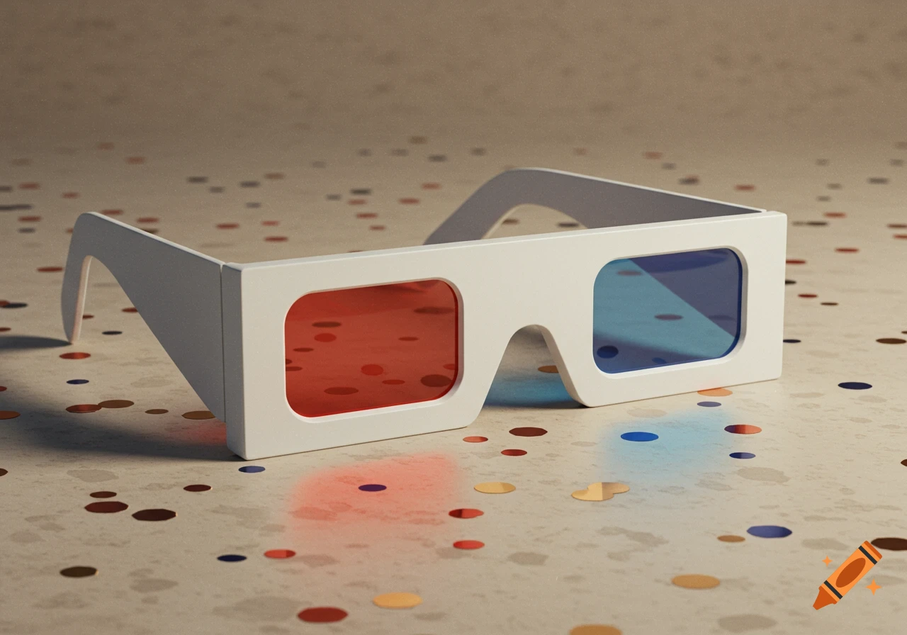 White 3D glasses with red and blue lenses on a confetti-covered surface.