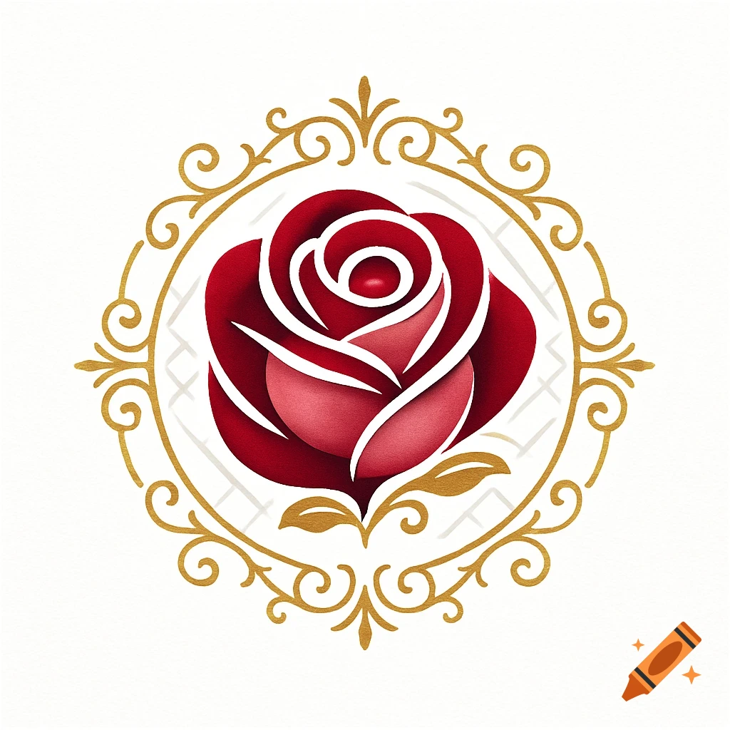 A stylized red rose centered within an ornate gold circular frame, like a logo.