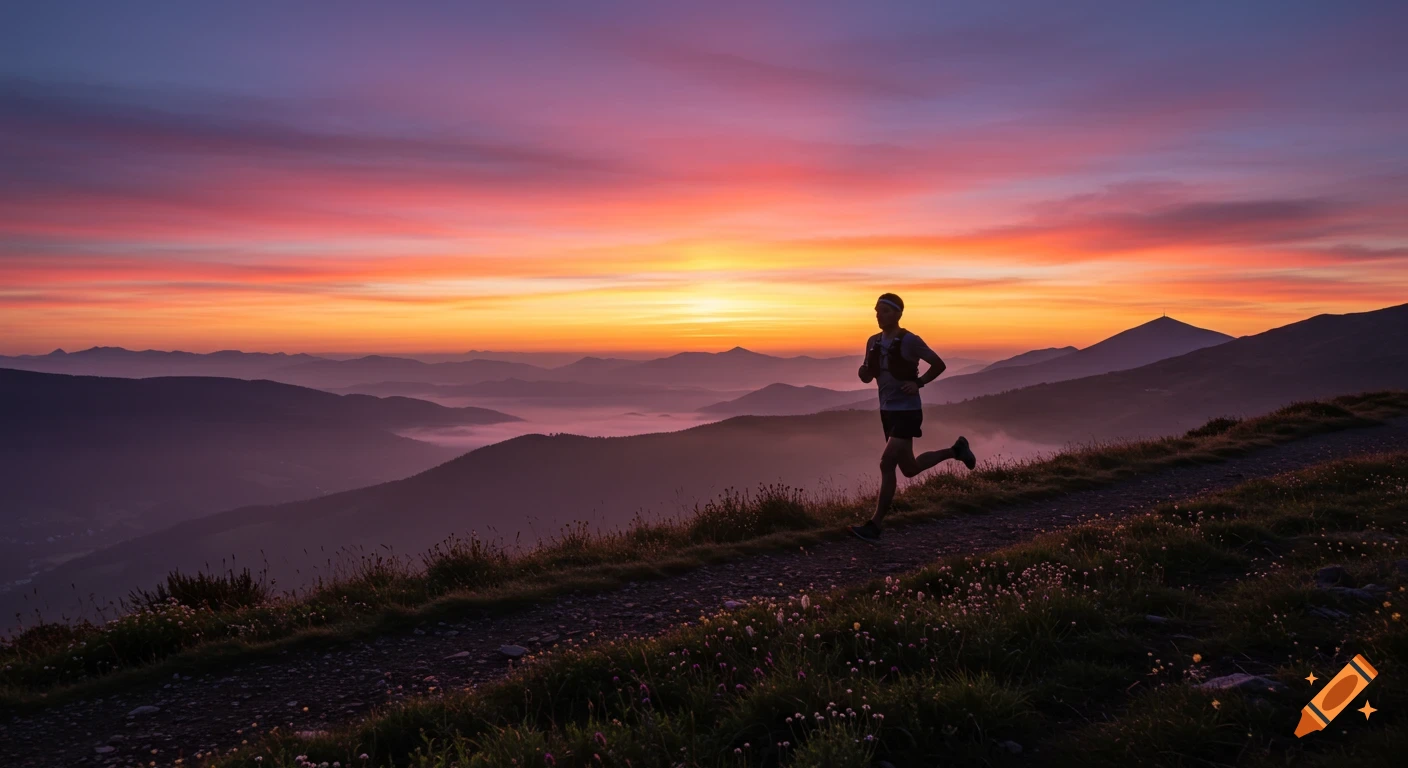 A silhouette of a person running on a mountain path during a vibrant sunrise, with layers of mountains in the background.