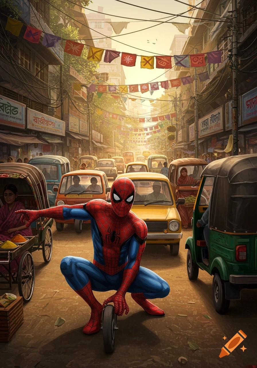 Spider-Man crouches on a bustling, sunlit Bangladeshi street filled with rickshaws, cars, and pedestrians, in an illustrated style.