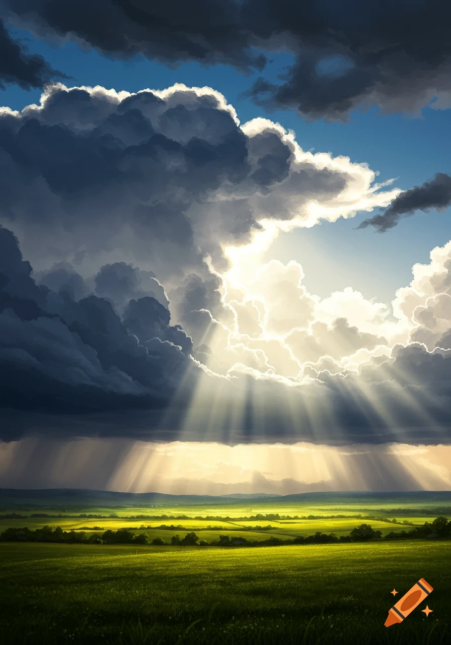 Sunlight streams through dramatic dark clouds over a vibrant green landscape.