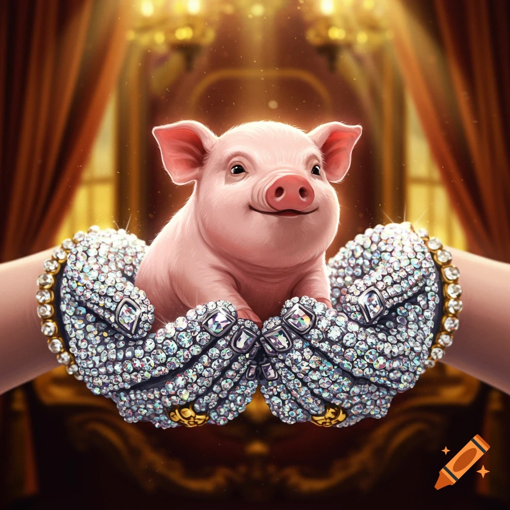 A cute pink piglet held in two hands covered in sparkling diamonds, against a luxurious golden background.