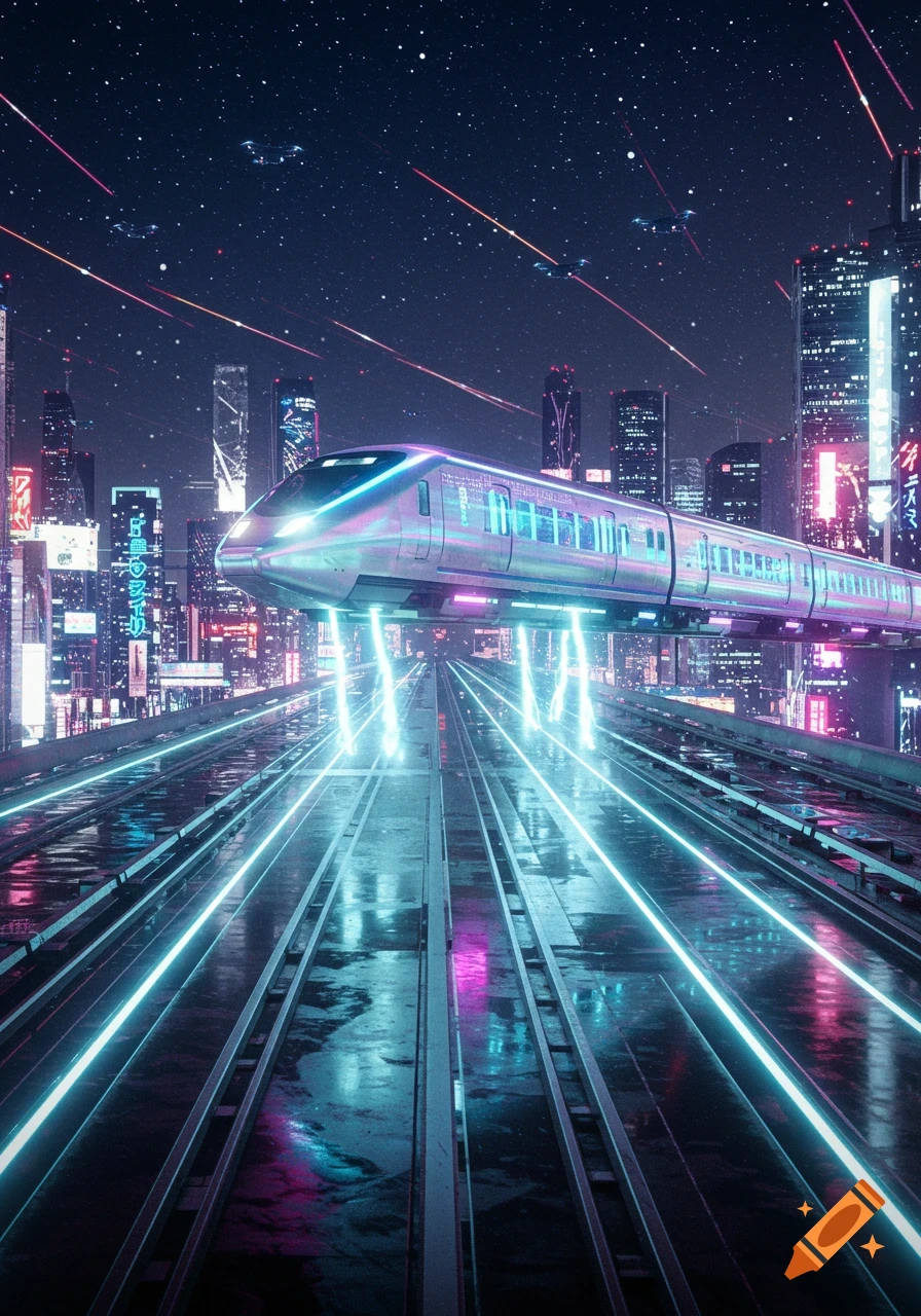 A futuristic hover train with glowing neon blue lights glides over illuminated tracks in a vibrant cyberpunk city at night.