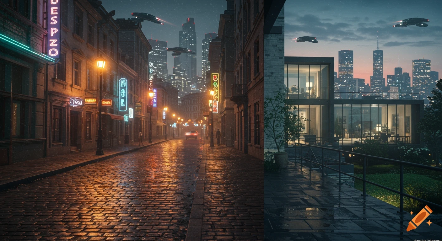 A diptych featuring a cyberpunk-style European cobblestone street with neon signs and flying cars on the left, and a modern glass luxury home overlooking a city skyline on the right, both at dusk in the rain.