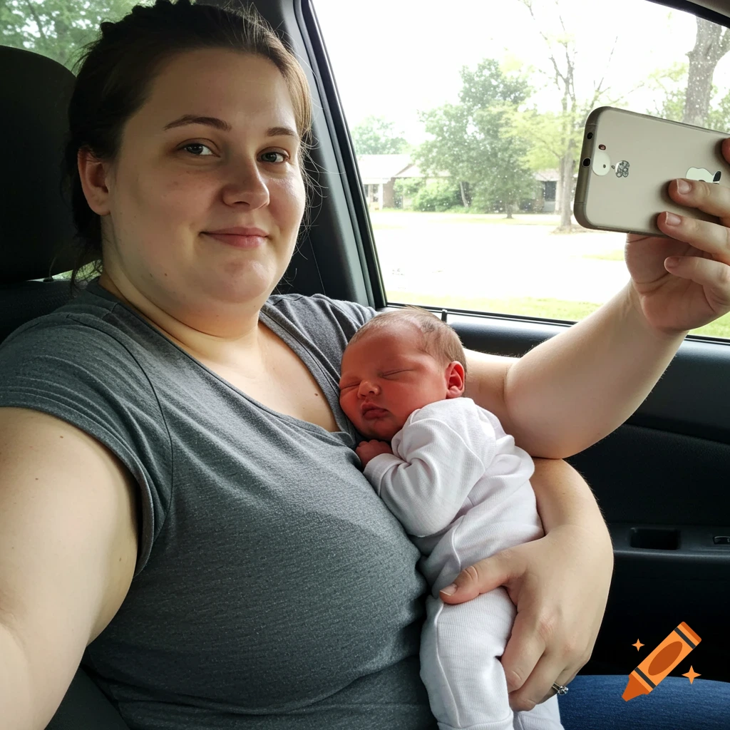 A woman in a car holds a sleeping newborn baby while taking a selfie with her phone.