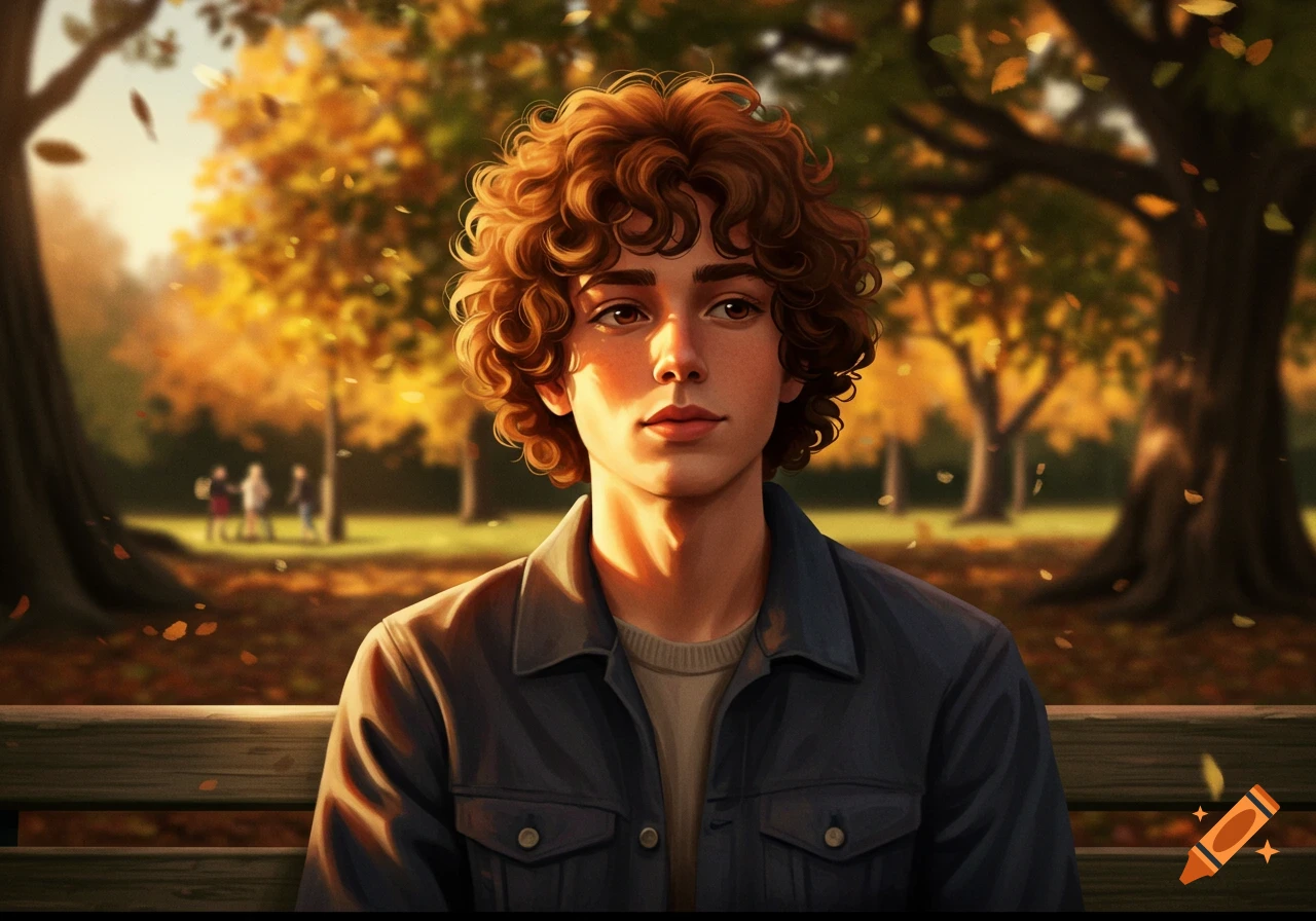 A young man with curly brown hair sits on a park bench in autumn, golden trees and falling leaves in the background.