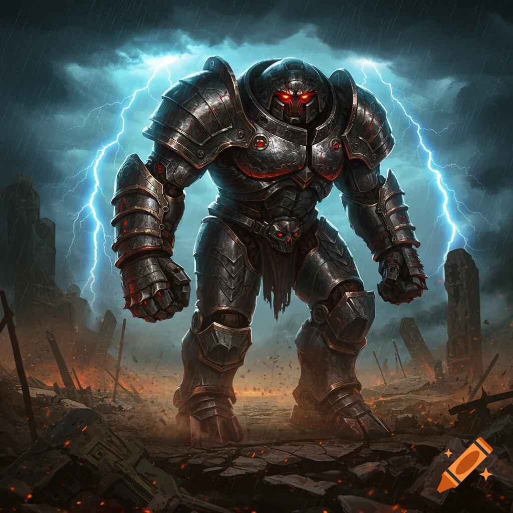 A menacing, heavily armored warrior with glowing red eyes stands in a storm-ravaged, ruined landscape with lightning striking around them.