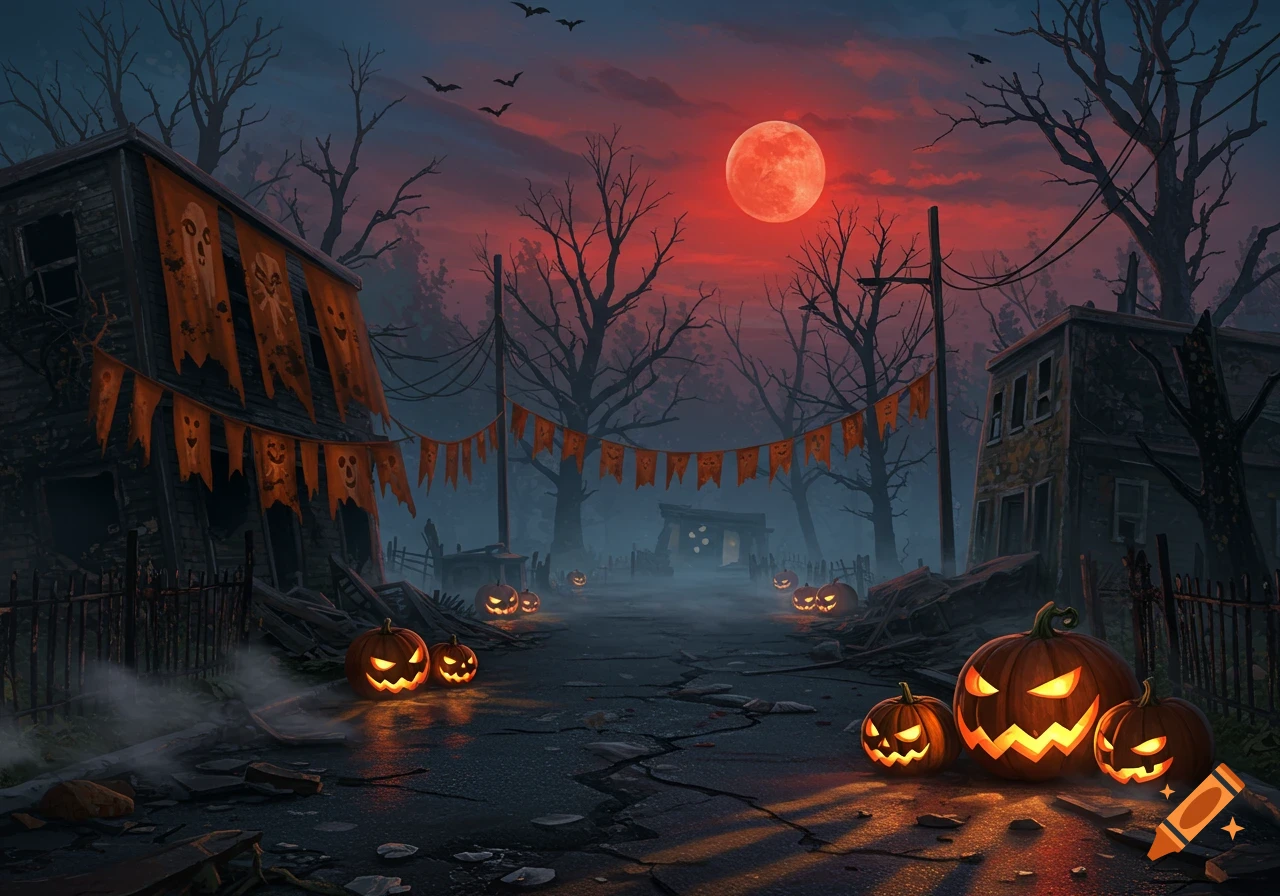 Spooky Halloween night scene with glowing jack-o'-lanterns, dilapidated houses, bare trees, bats, and a red moon.