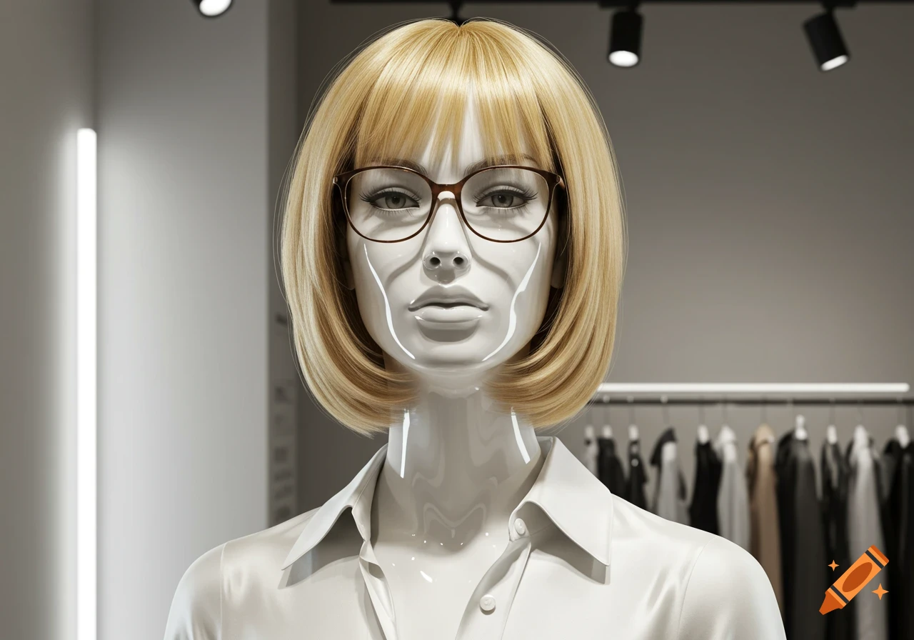 Photorealistic close-up of a blonde mannequin with a bob cut, wearing glasses and a silky white shirt, in a retail store setting.