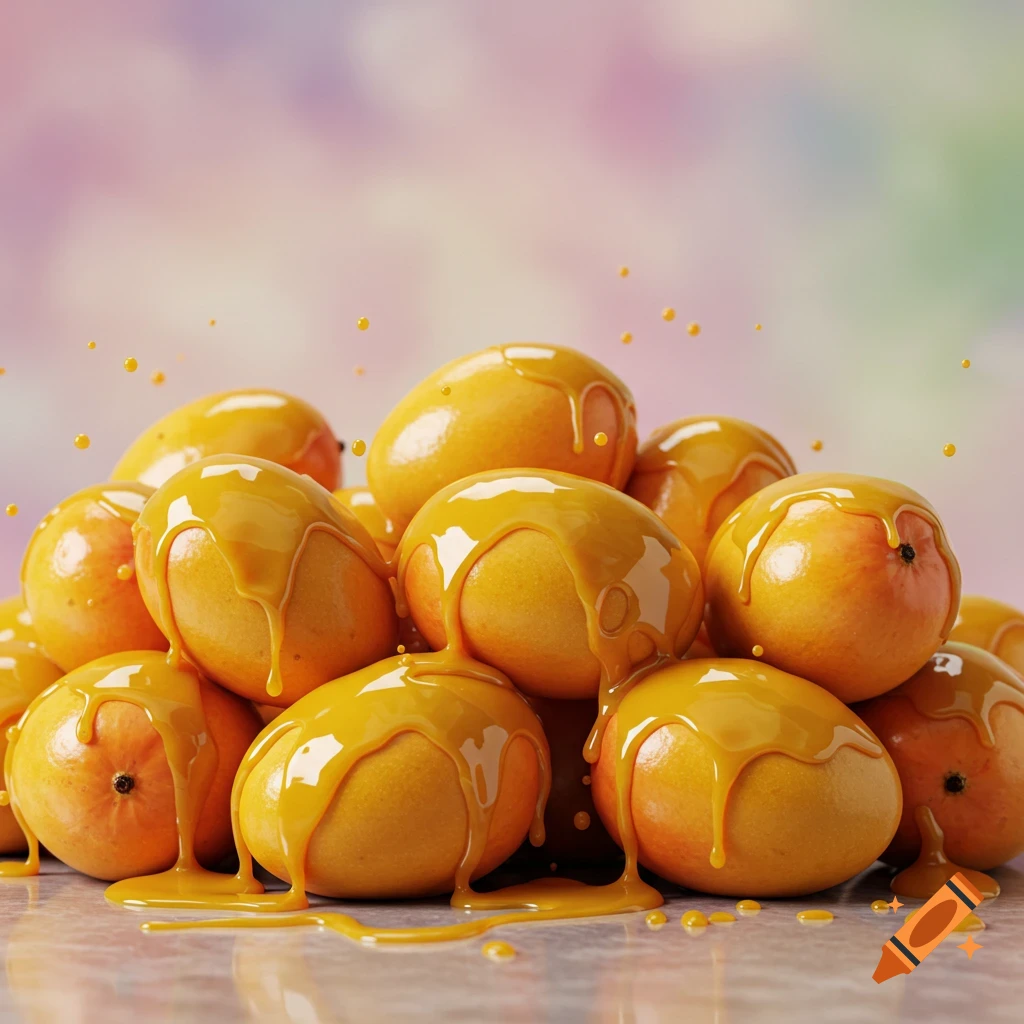 A close-up shot of a pile of ripe mangos generously covered in a thick, golden-yellow sauce, with droplets in the air.