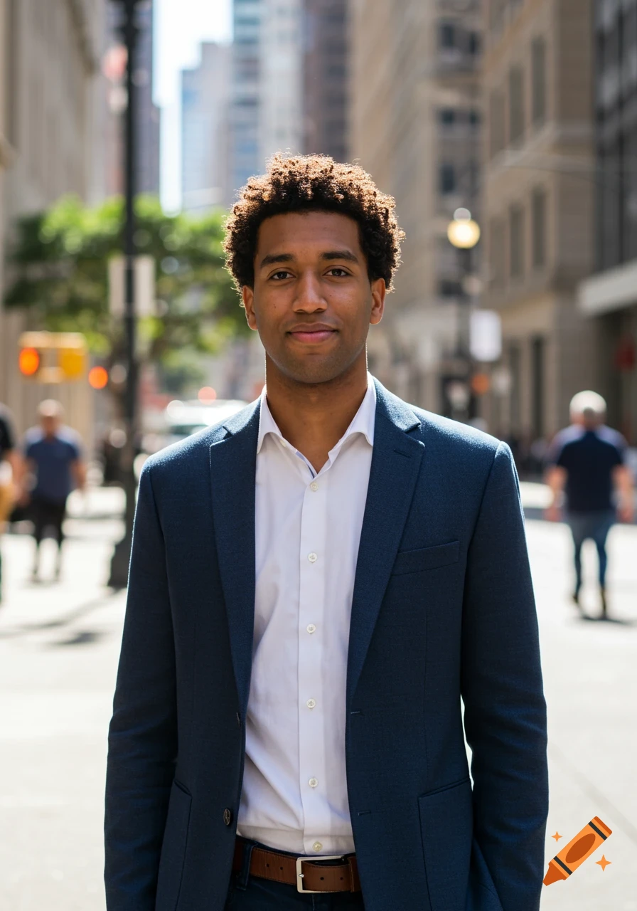 A smiling man with dark skin and curly hair in a navy suit and white shirt stands on a sunny city street.