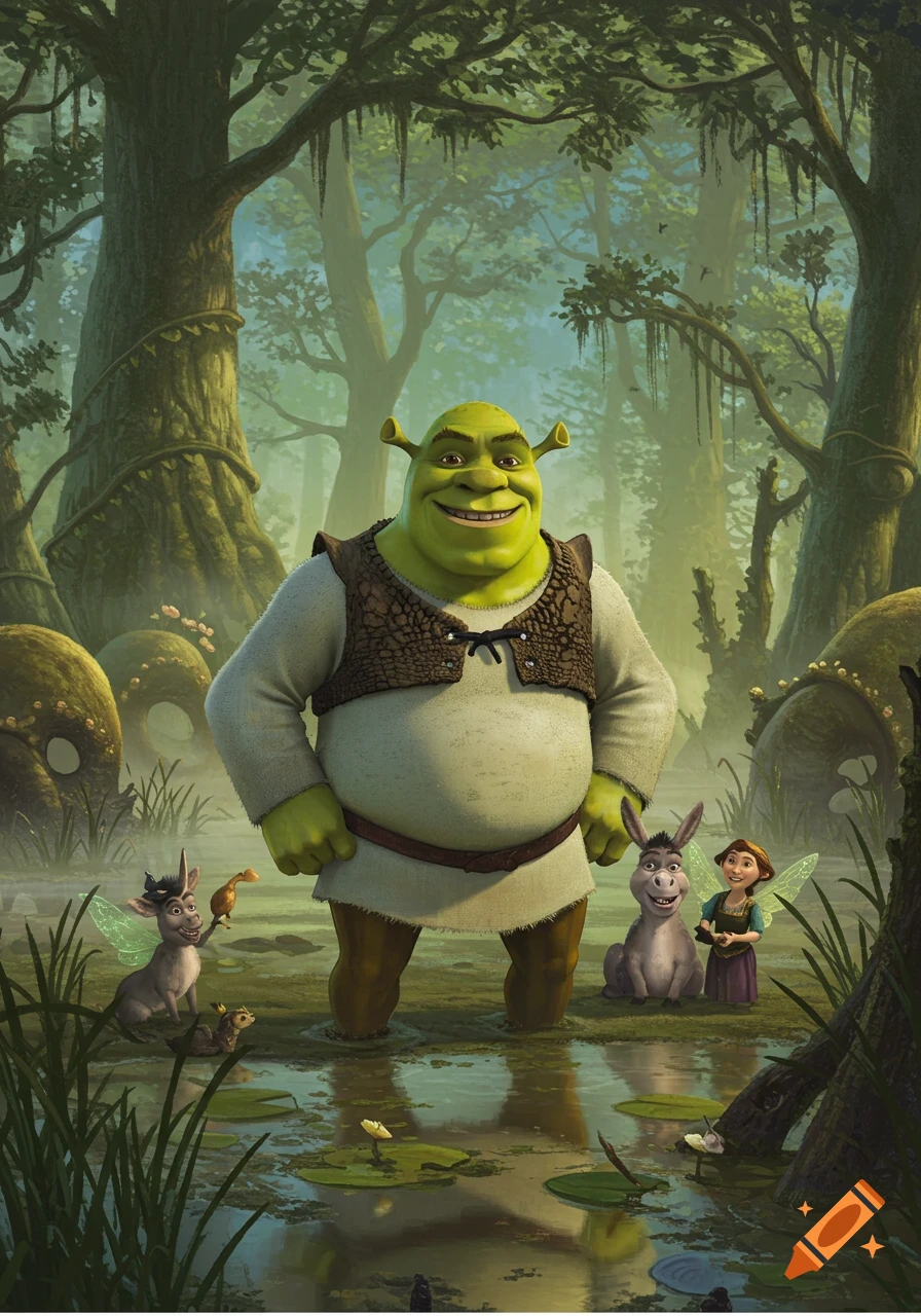Shrek, Donkey, and small fairy creatures in a lush green swamp with water lilies, in a detailed 3D animated style.