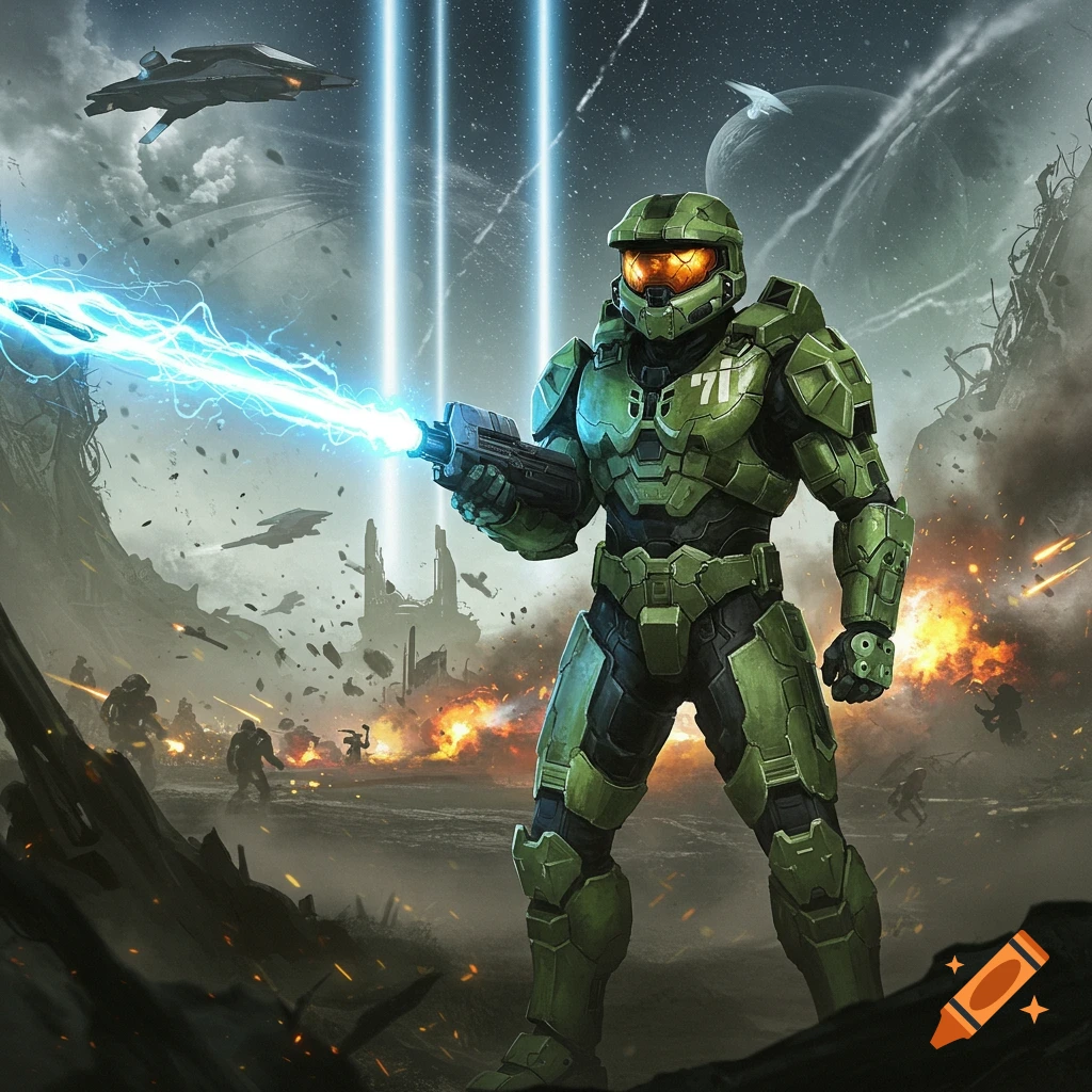 Master Chief, a green armored soldier, fires a blue energy weapon in a chaotic futuristic battle scene with explosions and spaceships.
