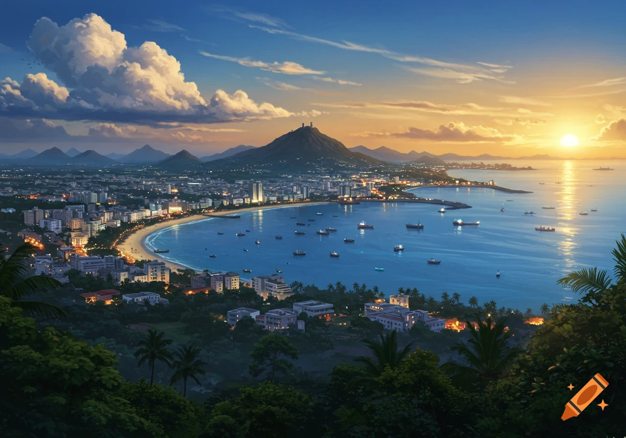 Vibrant digital art cityscape of a coastal city, bay filled with boats, mountains, and a dramatic sunset sky.