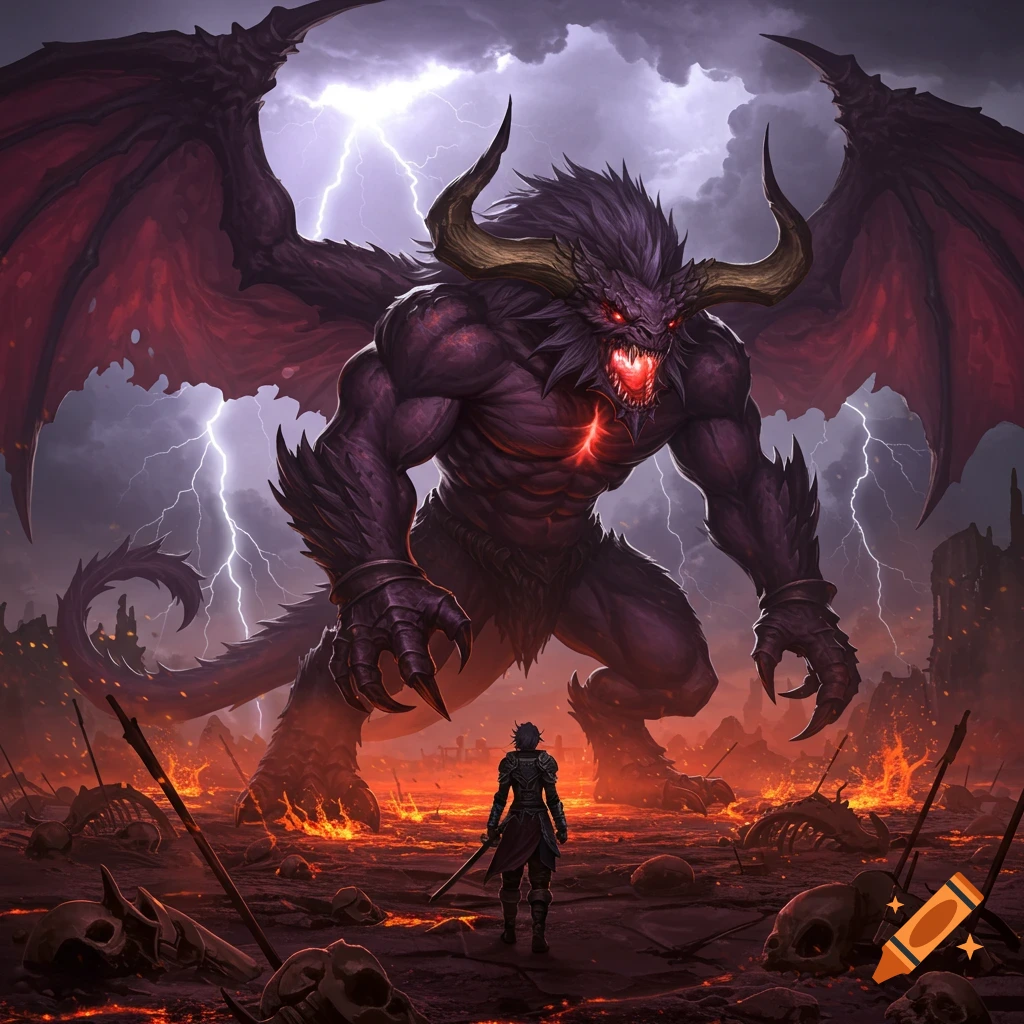 A massive purple winged monster with glowing red eyes confronts a lone warrior in a fiery, lightning-struck wasteland, digital fantasy art.