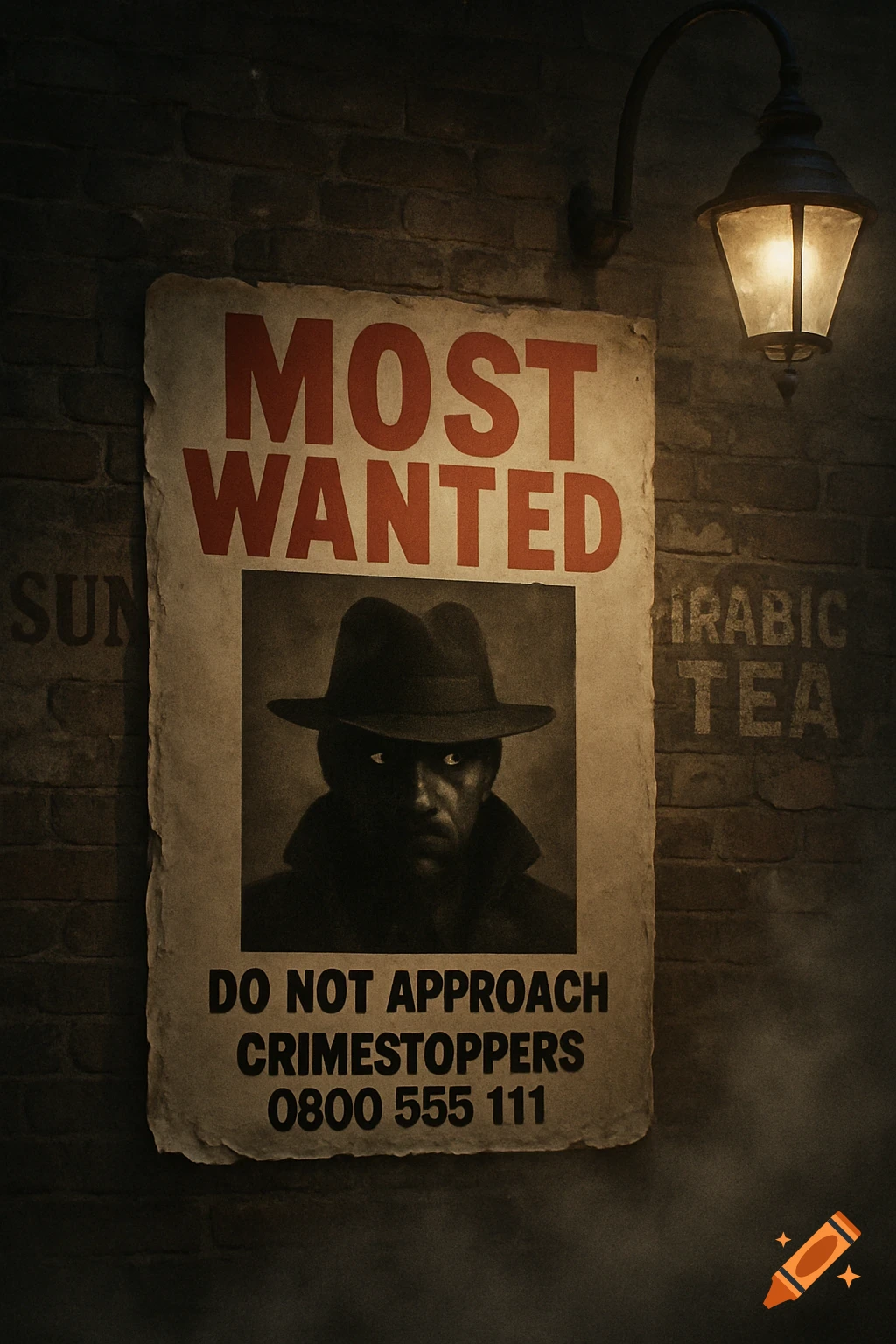 A gritty 'Most Wanted' poster featuring a shadowy man in a hat, affixed to a brick wall under a glowing street lamp at night.