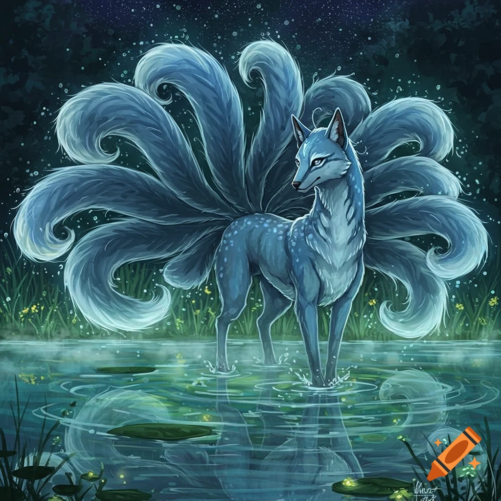 A blue nine-tailed kitsune stands in shallow water at night, with a starry sky and glowing plants, digital art.