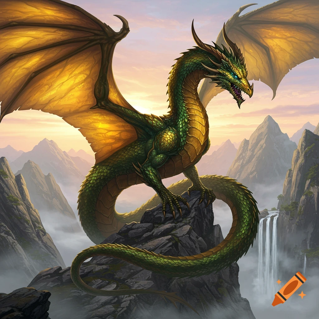A majestic green and gold dragon perches on rocks amidst mountains with a waterfall under a sunset sky.