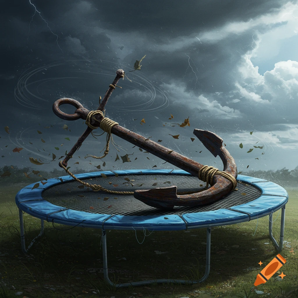 A rusty sea anchor weighs down a blue trampoline in a stormy, windswept field with lightning in the dark sky. Photorealistic style.