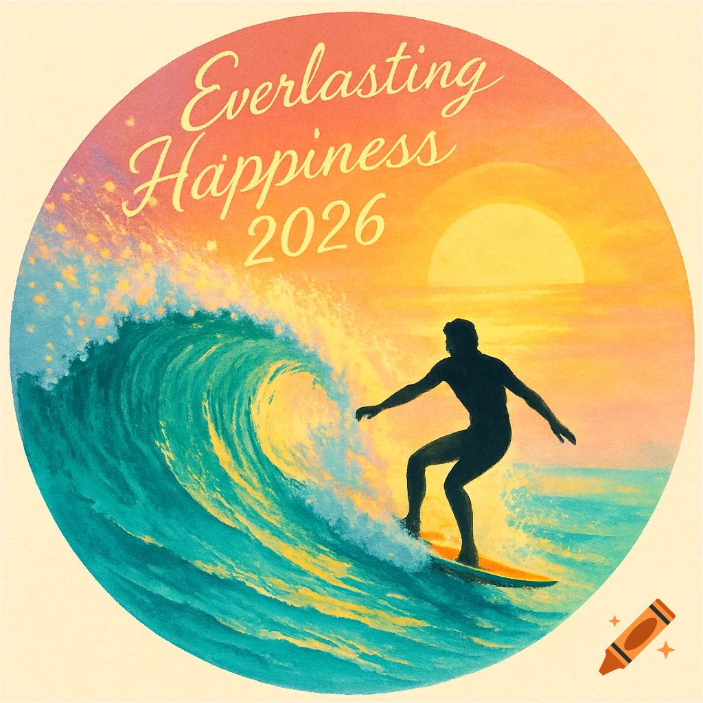 A round illustration of a surfer riding a large wave at sunset, with "Everlasting Happiness 2026" text.