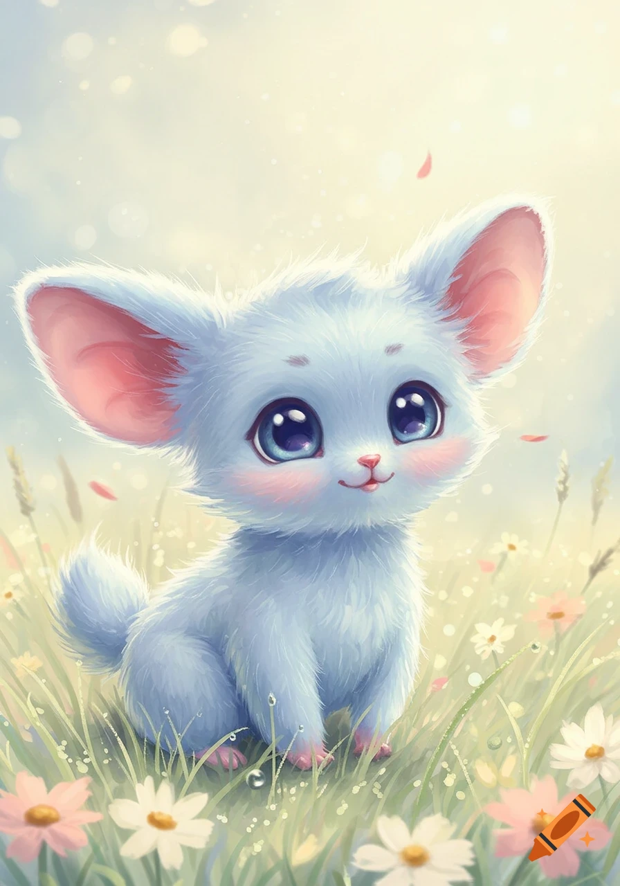 A light blue fluffy creature with large pink ears and big blue eyes sits in a field of green grass and small white and pink flowers.
