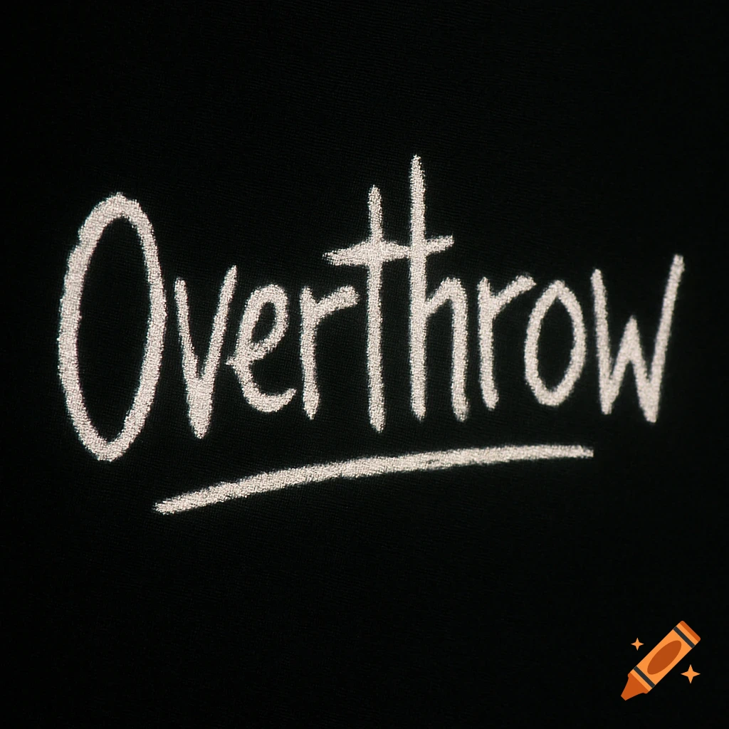 The word 'Overthrow' written in white sloppy chalk-like letters on a black background, with visible screen pixels and a dot inside the 'O'.