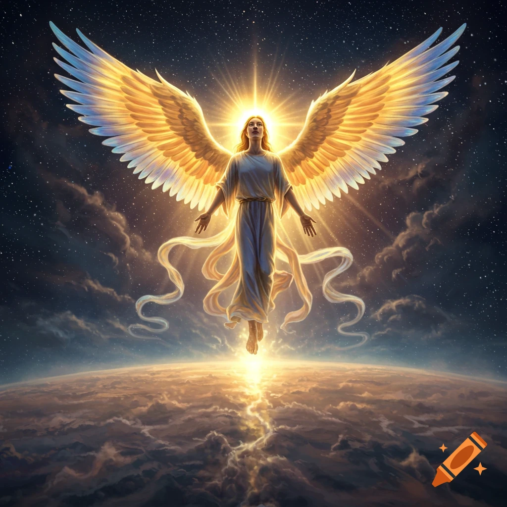 A radiant angel with golden wings hovers above a cloudy Earth, illuminated by bright celestial light.