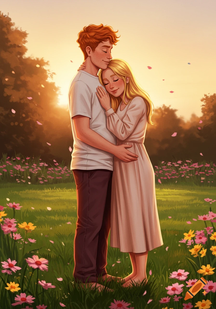 An illustration of a red-haired man hugging a blonde woman in a field of flowers at sunset.
