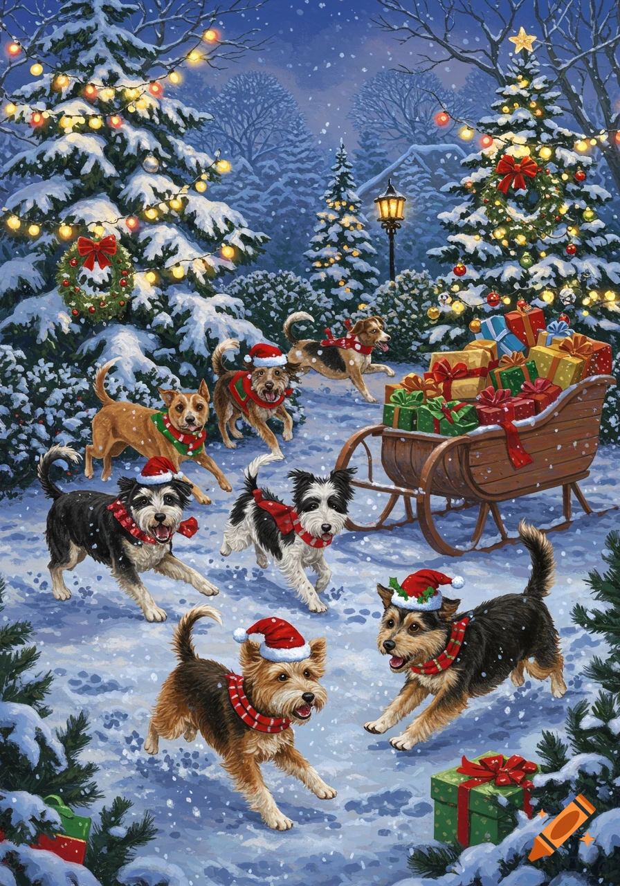 Illustrated Christmas scene: many dogs in Santa hats and scarves play in snowy woods with decorated trees and a sleigh of presents.