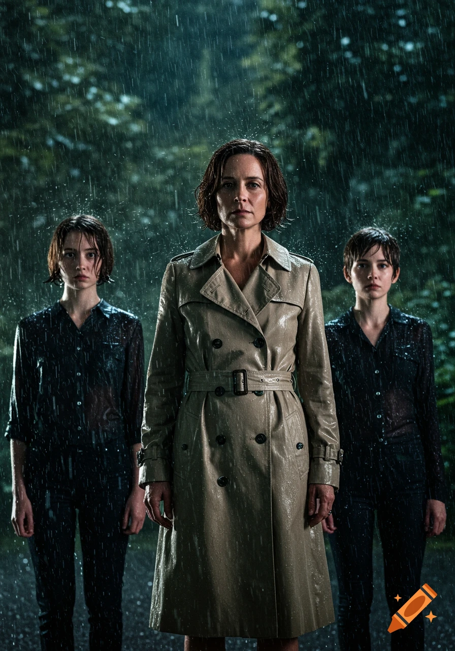 Three women, one in a beige trench coat, stand in a dark, rainy forest, looking serious. Photorealistic.