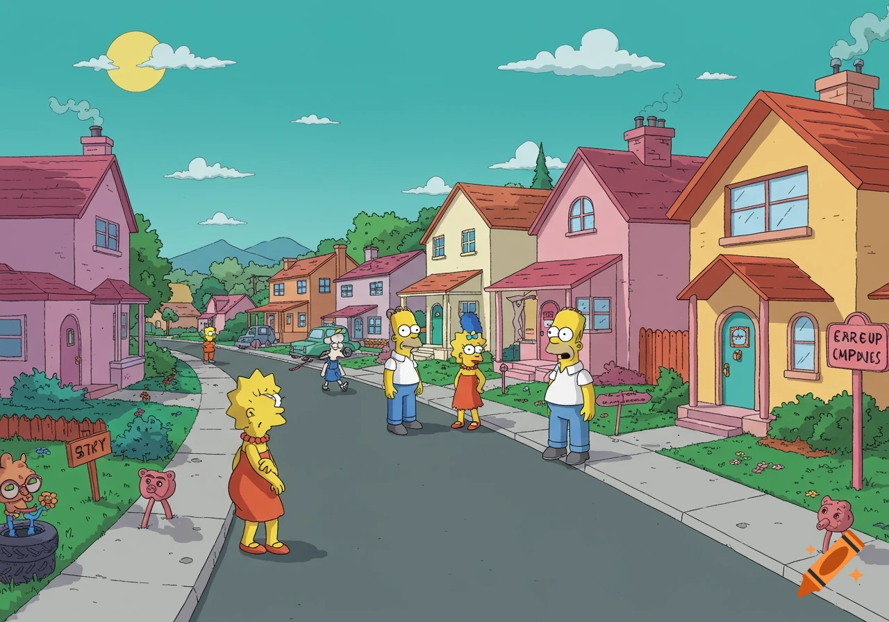 The Simpsons family members stand on a colorful suburban street with houses and a bright sky.