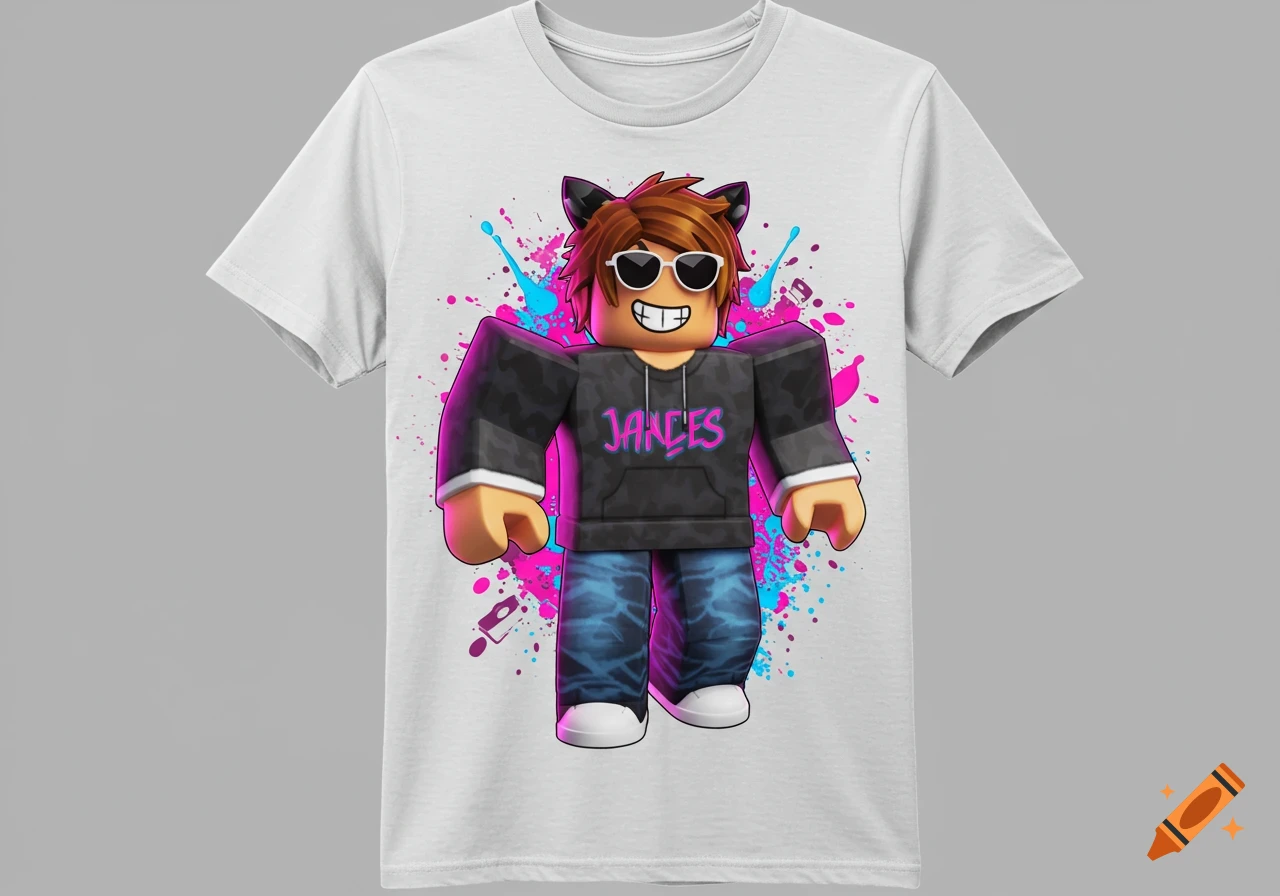 White t-shirt with a Roblox character wearing a dark hoodie with 'JANCES' and sunglasses, against pink and blue paint splatters.
