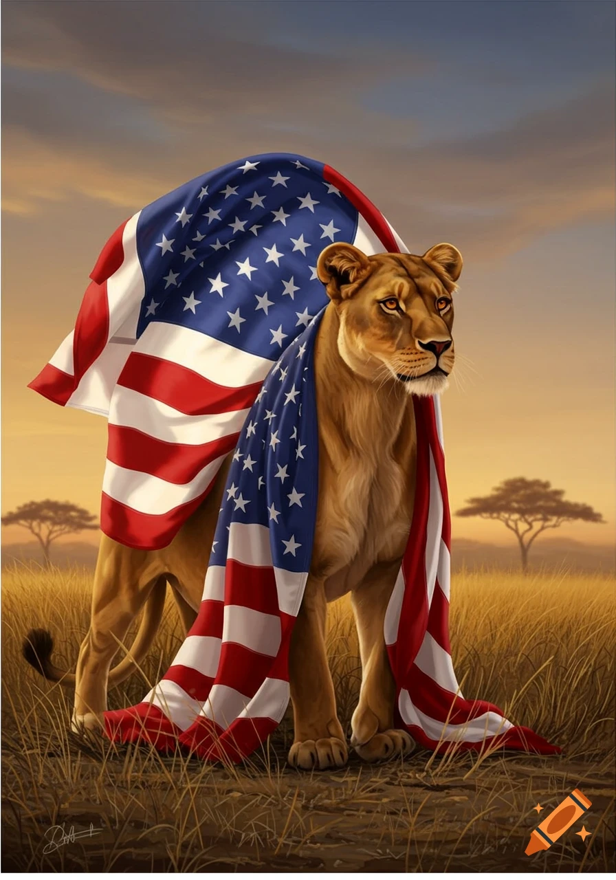 A photorealistic illustration of a lioness draped in a flowing American flag, standing in a golden savanna at sunset.