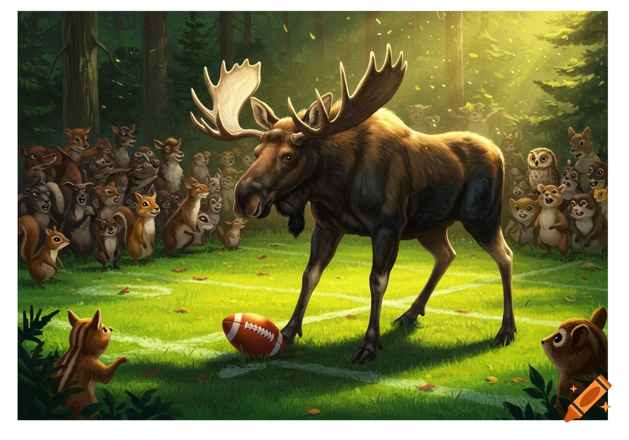 A cartoon moose stands on a grassy football field, a football by its hoof, with a crowd of forest animals watching from the sidelines in a sunlit forest.