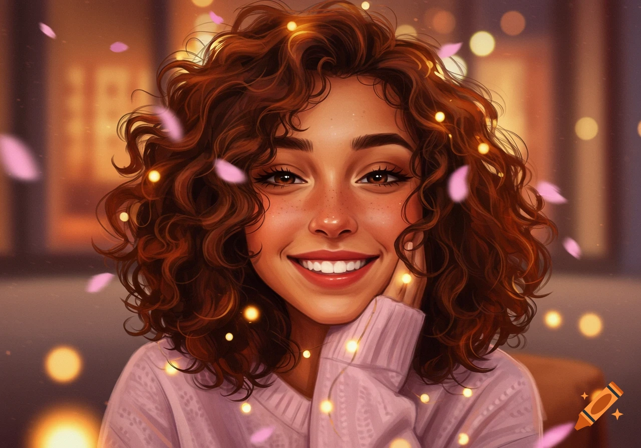 A smiling woman with curly brown hair in a pink sweater, surrounded by bokeh lights and pink petals in a warm digital art style.