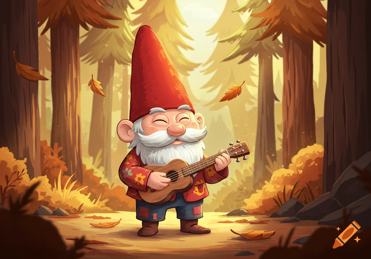 A happy cartoon gnome in a red hat plays a ukulele in an autumn forest.