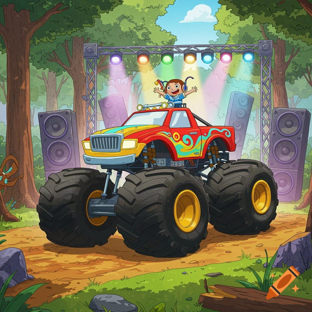 A cartoon child joyfully rides a vibrant monster truck with disco lights and speakers in a lively forest setting.