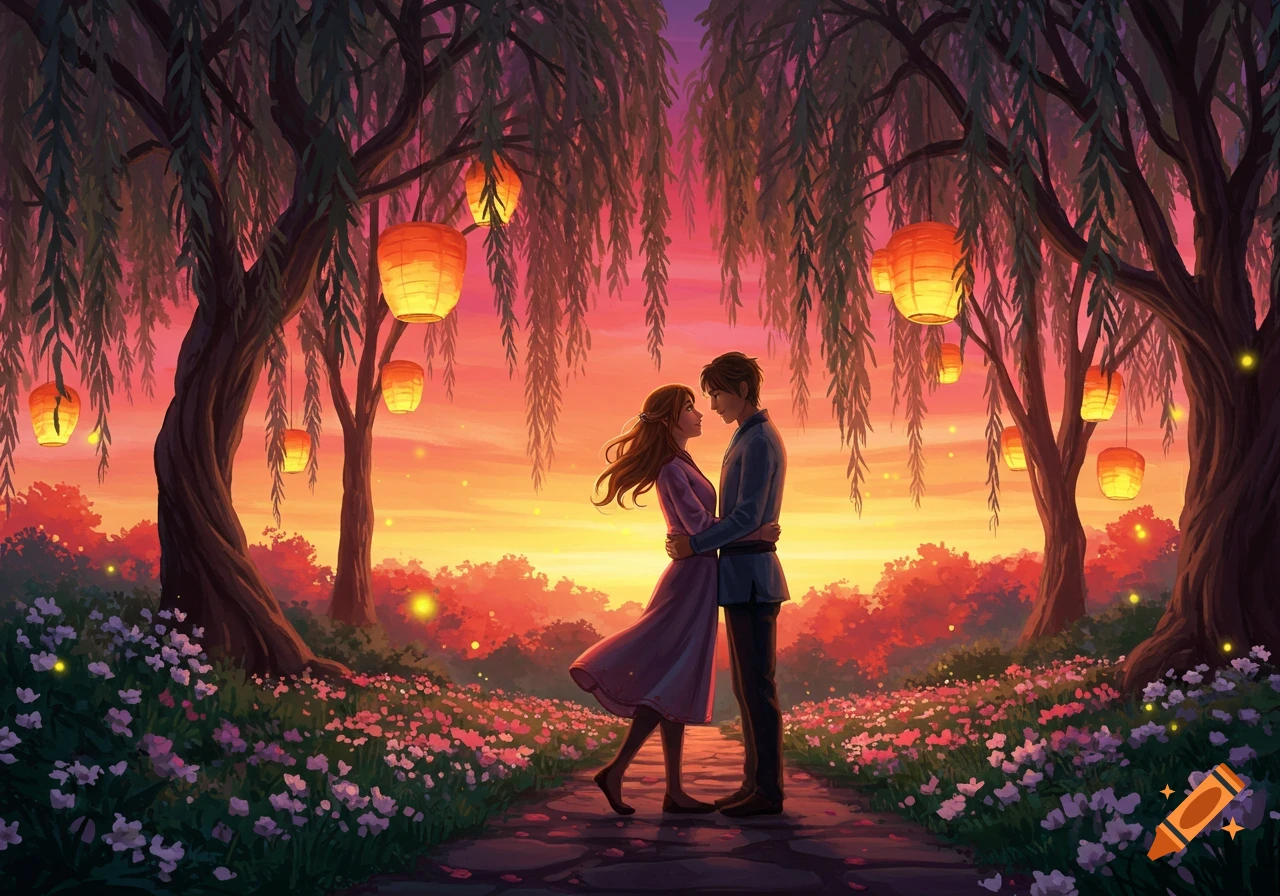 An illustrated fantasy scene of a couple embracing under willow trees with lanterns at sunset, surrounded by flowers.