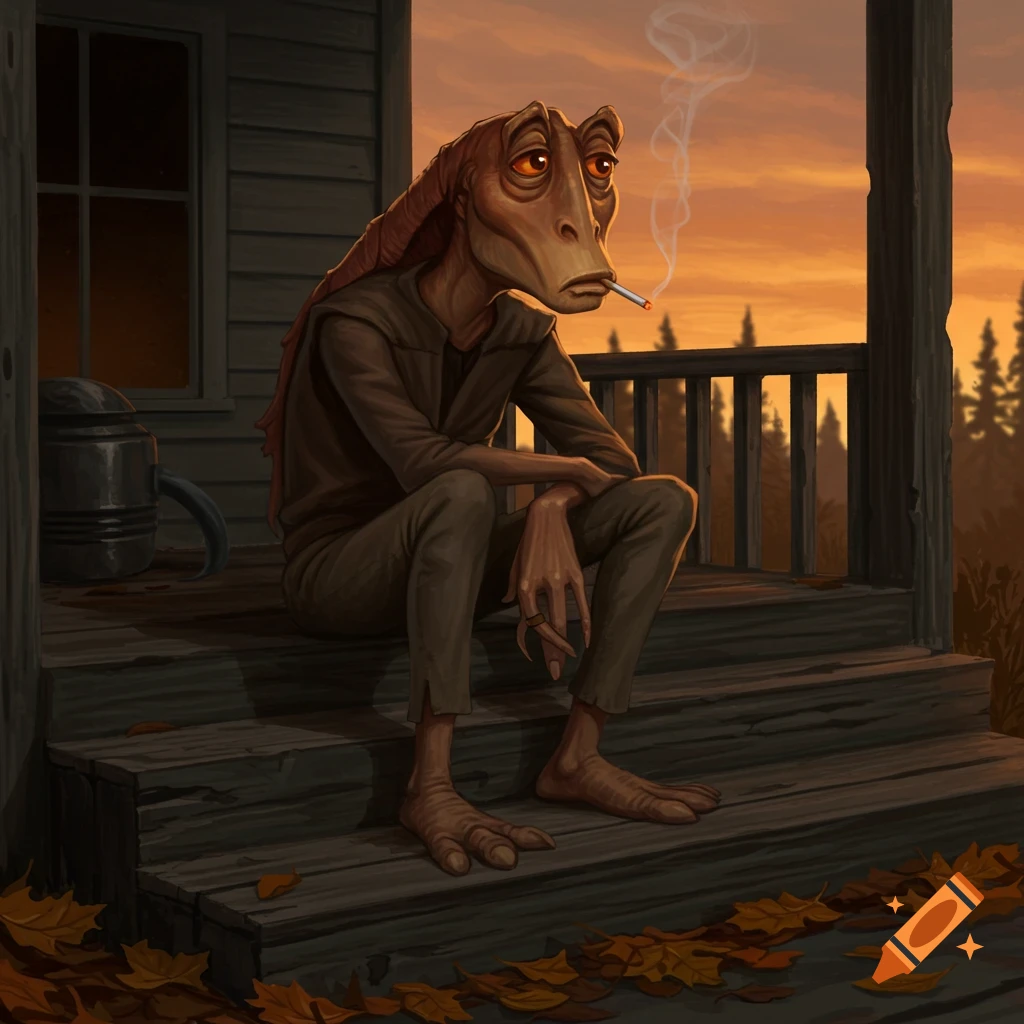 A depressed Jar Jar Binks sits on a wooden porch, smoking a cigarette at sunset. Digital painting.