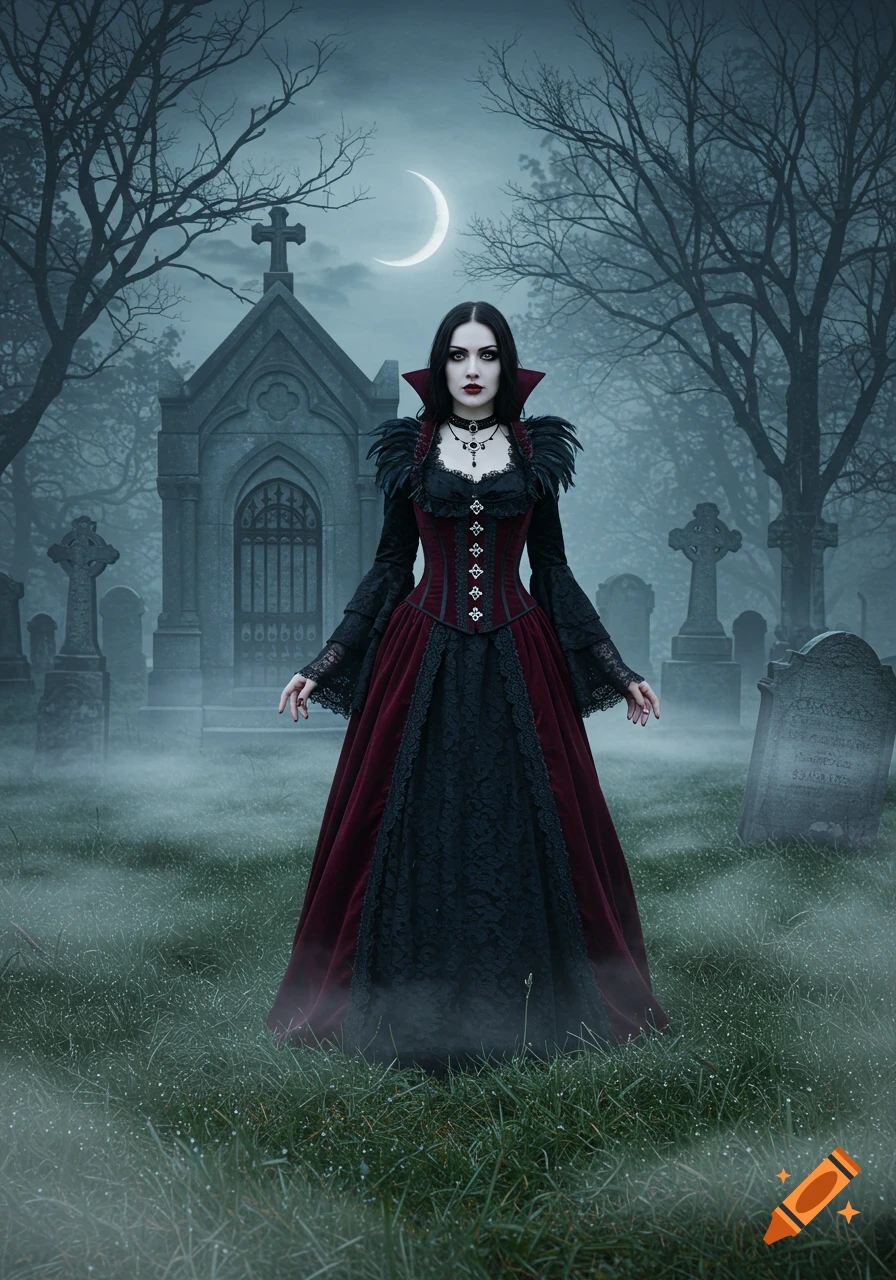 A photorealistic image of a female vampire in a gothic dress standing in a misty graveyard with a mausoleum under a crescent moon.