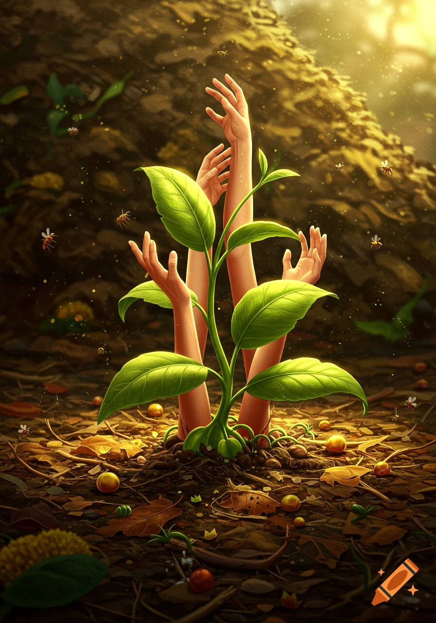 A plant with multiple human hands as leaves sprouts from a compost pile with insects, bathed in golden sunlight.