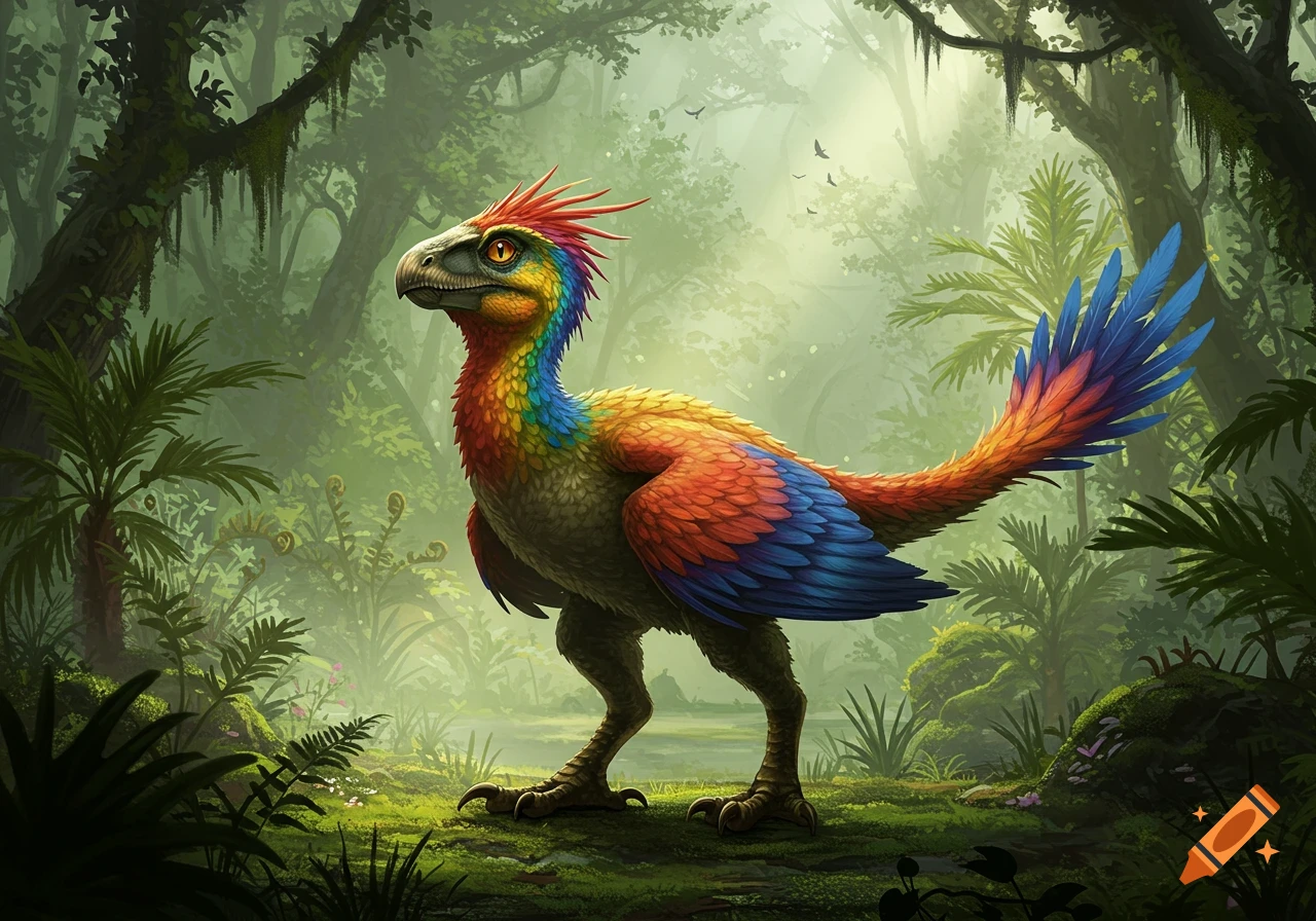 A vibrant, colorful bird-dinosaur hybrid with red, blue, and yellow feathers stands in a lush, misty jungle environment.